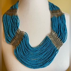 EUC - turquoise & silver seed bead oversized statement necklace, Banana Republic